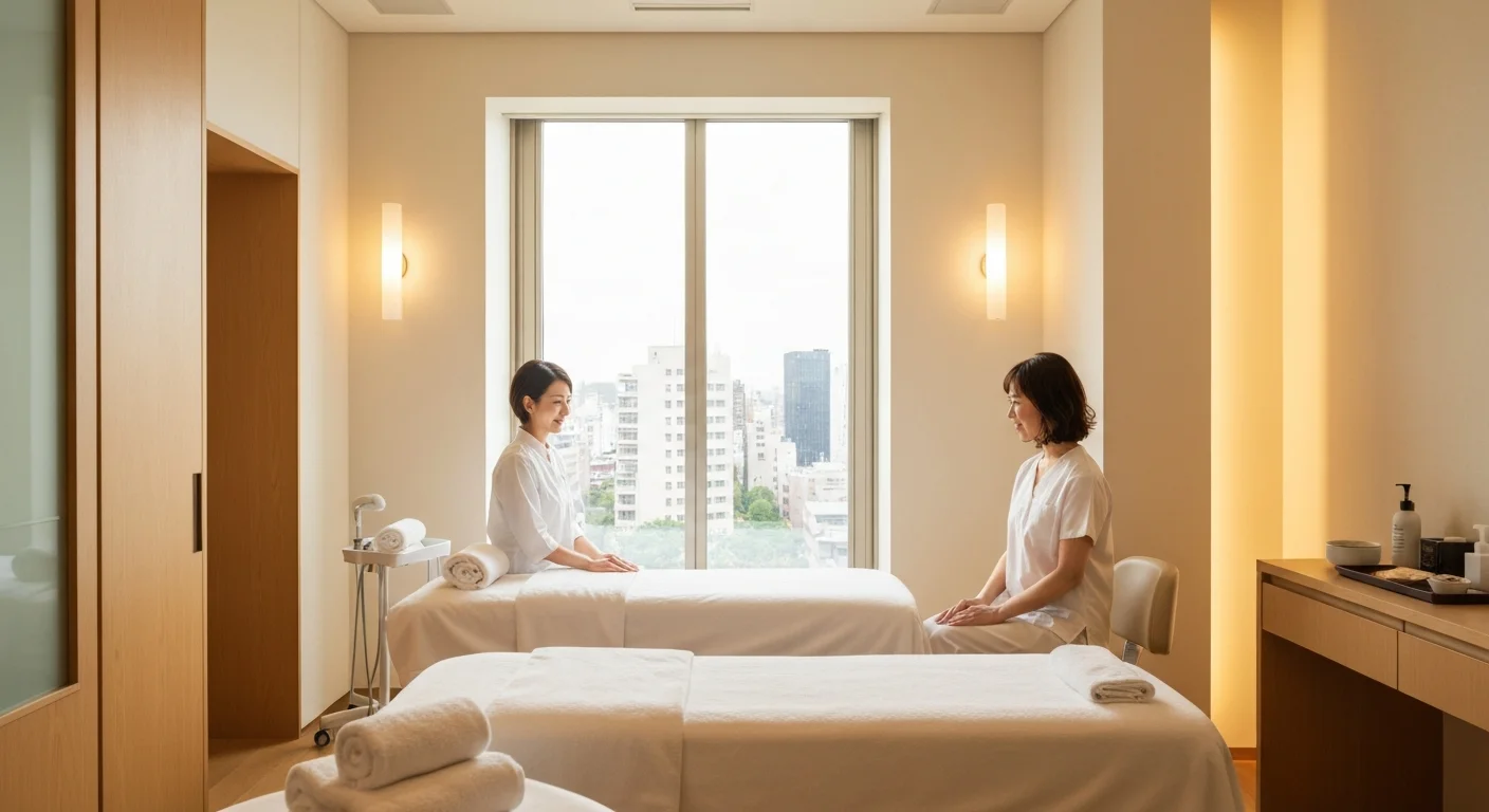 A softly lit treatment space with neatly arranged towels