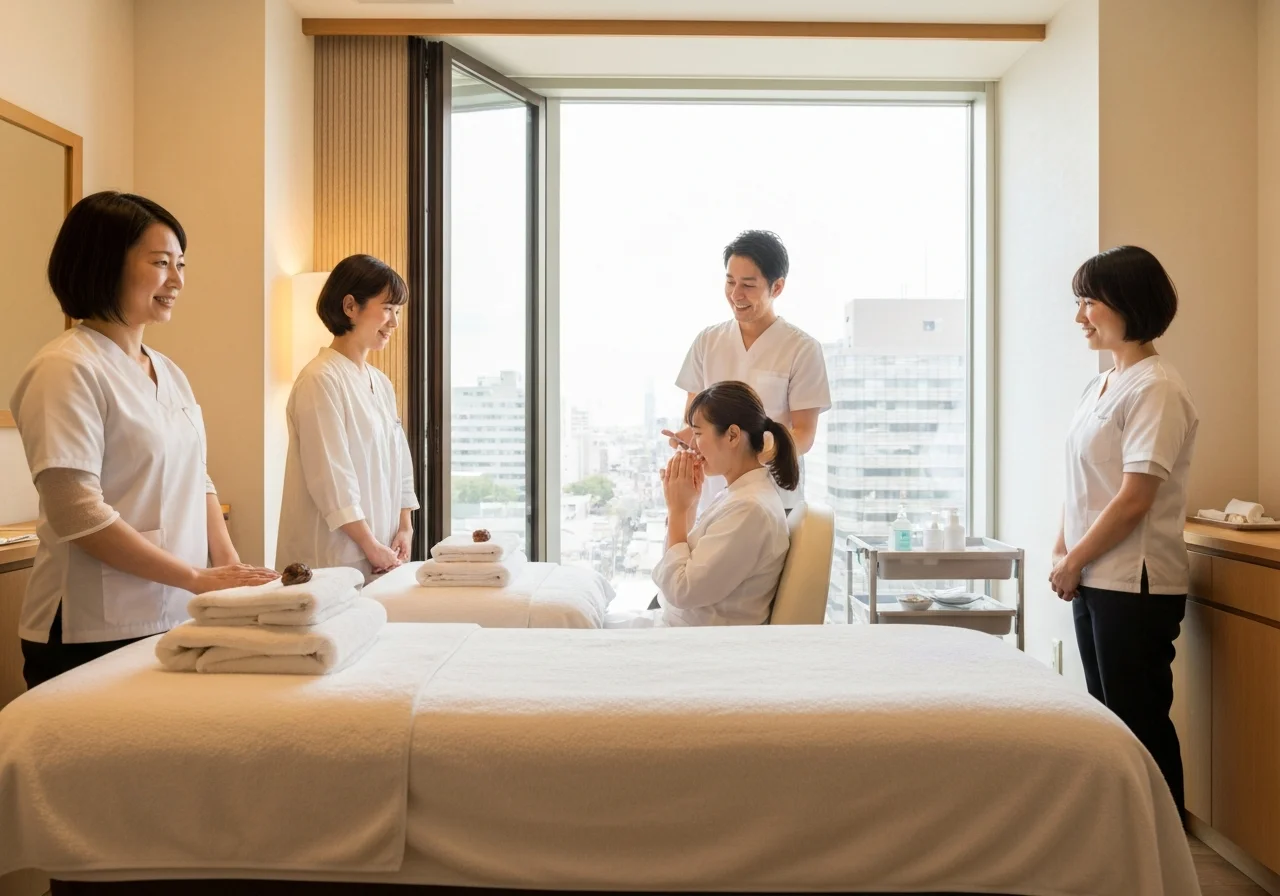 A treatment bed, towels, and neatly arranged supplies prepared for facial care