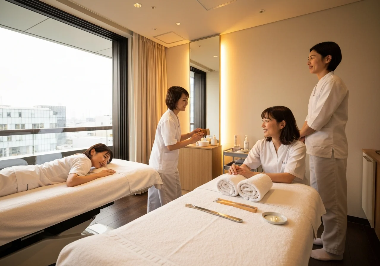 A calm relaxation space with treatment towels and all preparations arranged at hand
