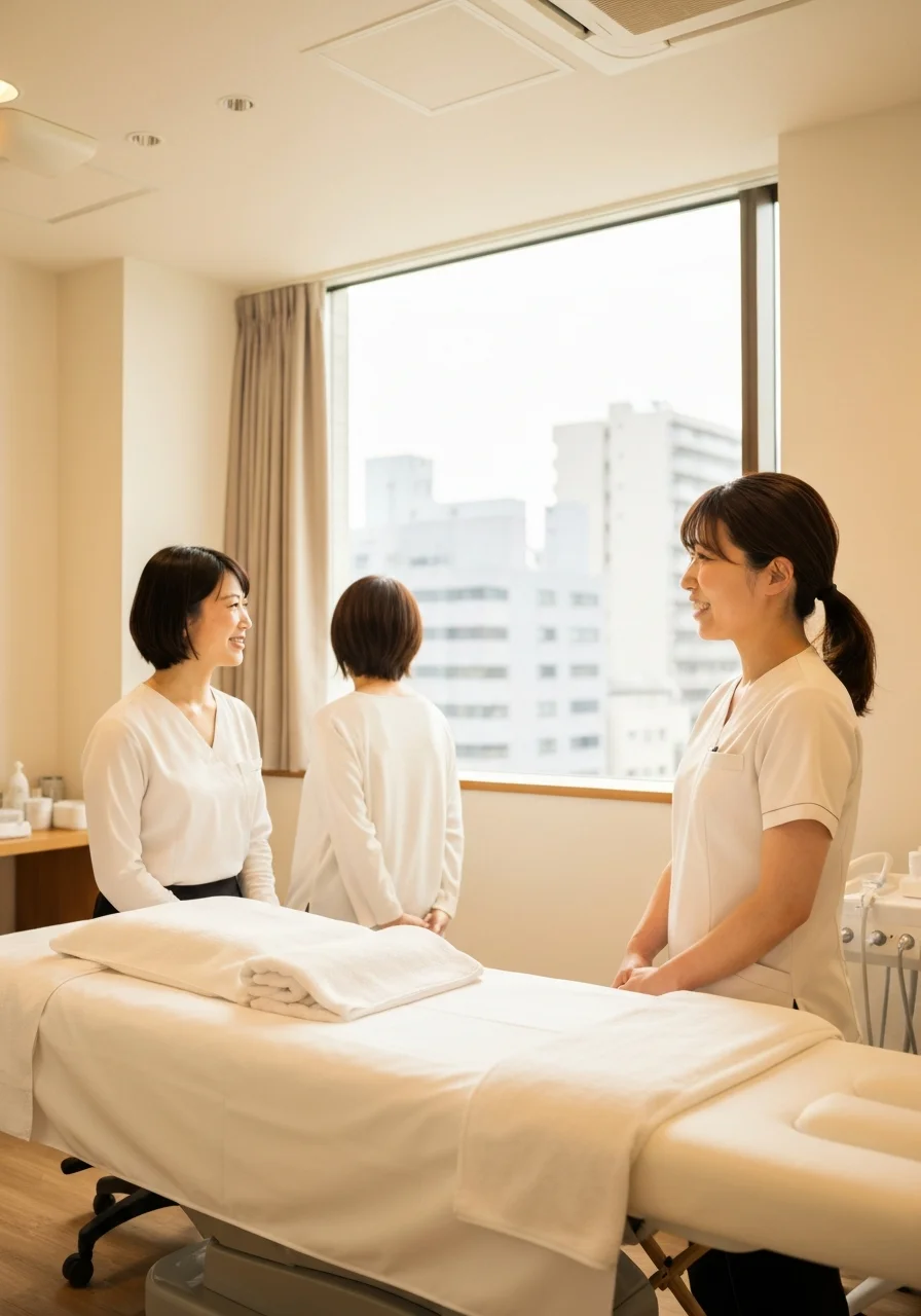 ベージュの施術着を着た女性セラピストが個室でタオルを整えながら微笑む半身写真